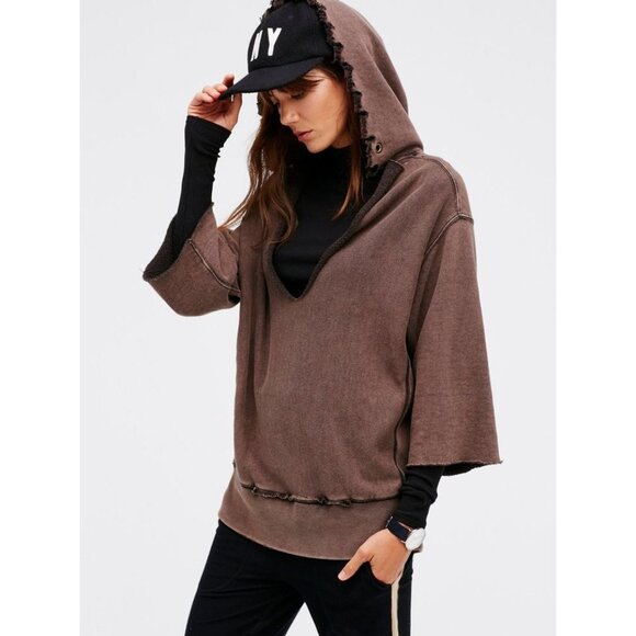 Free People Sweaters - Free People Distressed Raw Hem Casual Boho Enchanted Hooded Relaxed Sweater